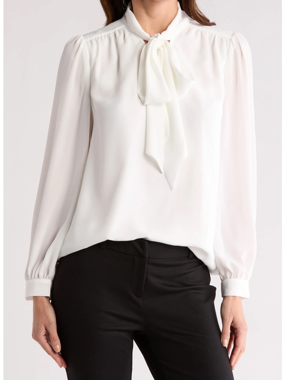 Gemma + Jane Women's Cream Tie-Neck Long Sleeve Blouse